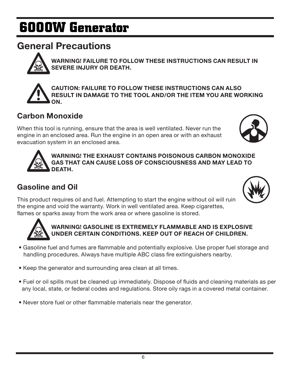 General precautions, Carbon monoxide, Gasoline and oil | Steele Products SP-GG600 User Manual | Page 6 / 48