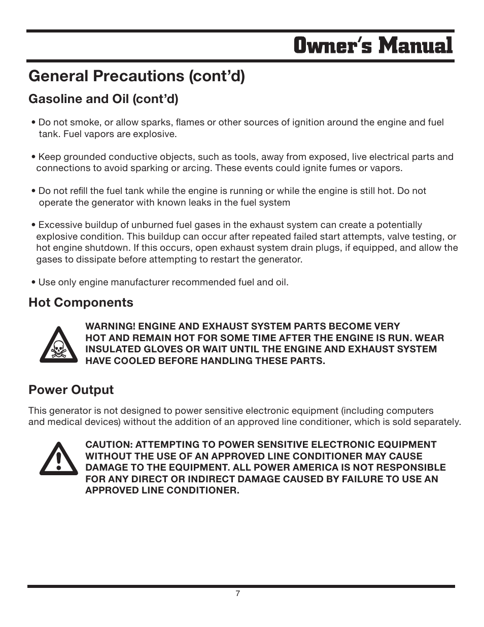 General precautions (cont’d), Gasoline and oil (cont’d), Hot components | Power output | Steele Products SP-GG600 User Manual | Page 7 / 48