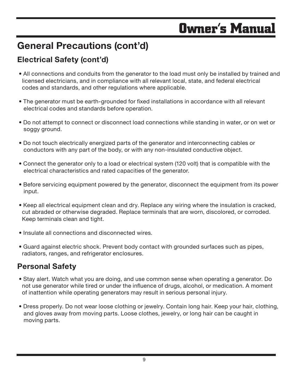 General precautions (cont’d), Electrical safety (cont’d), Personal safety | Steele Products SP-GG600 User Manual | Page 9 / 48