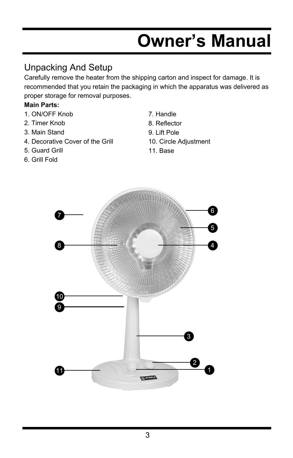 Owner’s manual, Unpacking and setup | Steele Products SP-HD916 User Manual | Page 3 / 4