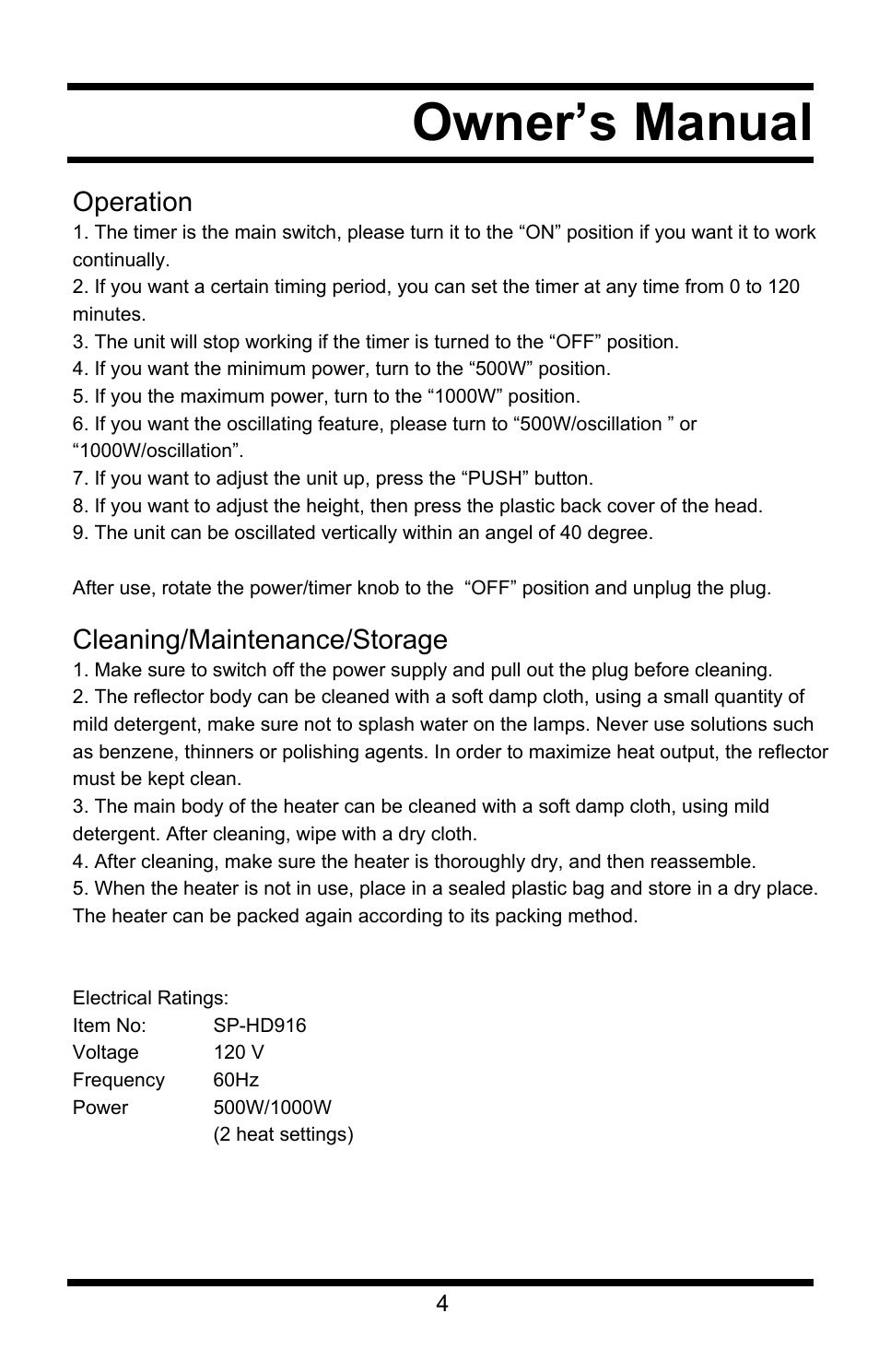 Owner’s manual, Operation, Cleaning/maintenance/storage | Steele Products SP-HD916 User Manual | Page 4 / 4