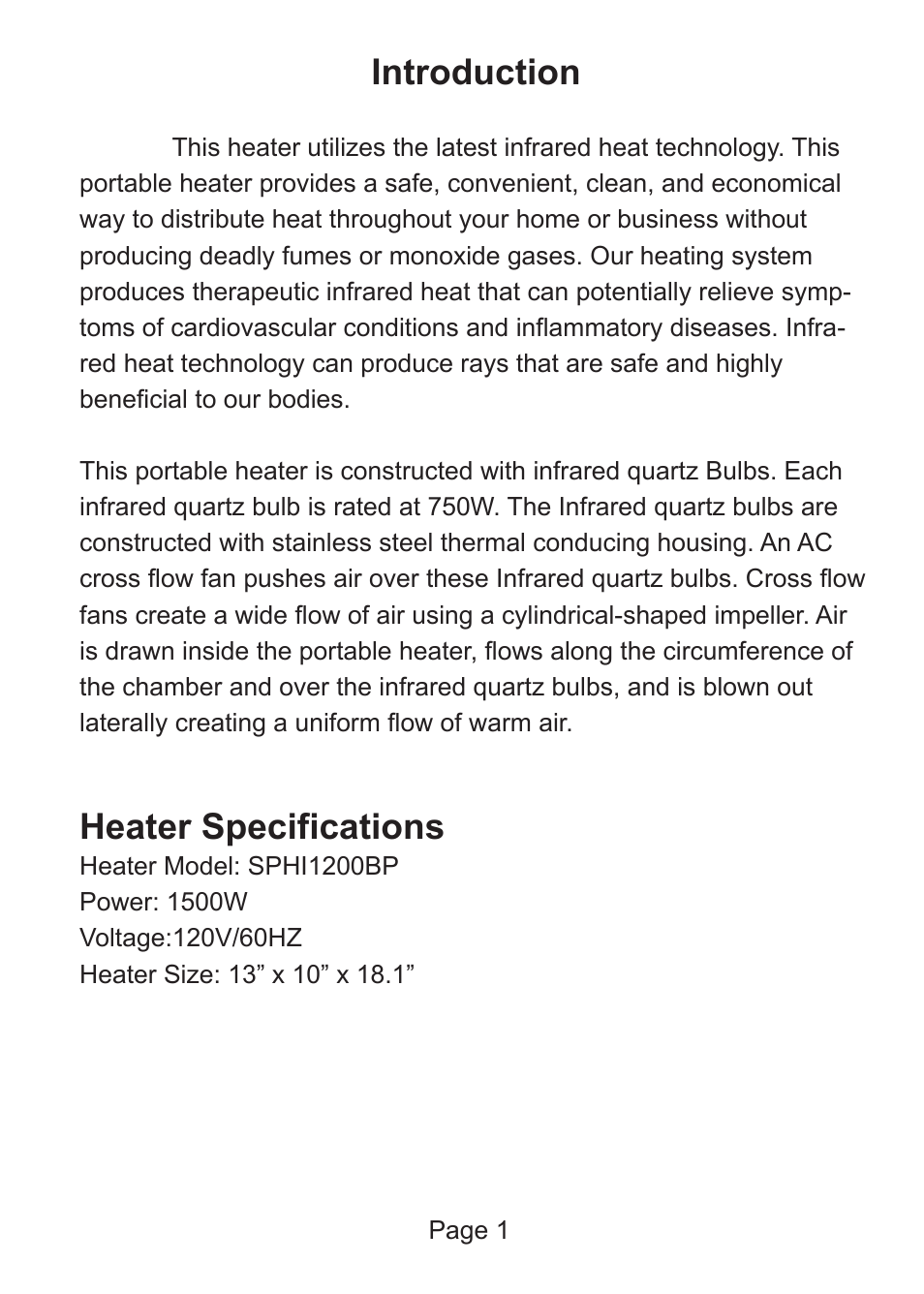 Introduction, Heater specifications | Steele Products SP-HI1200BP User Manual | Page 2 / 5