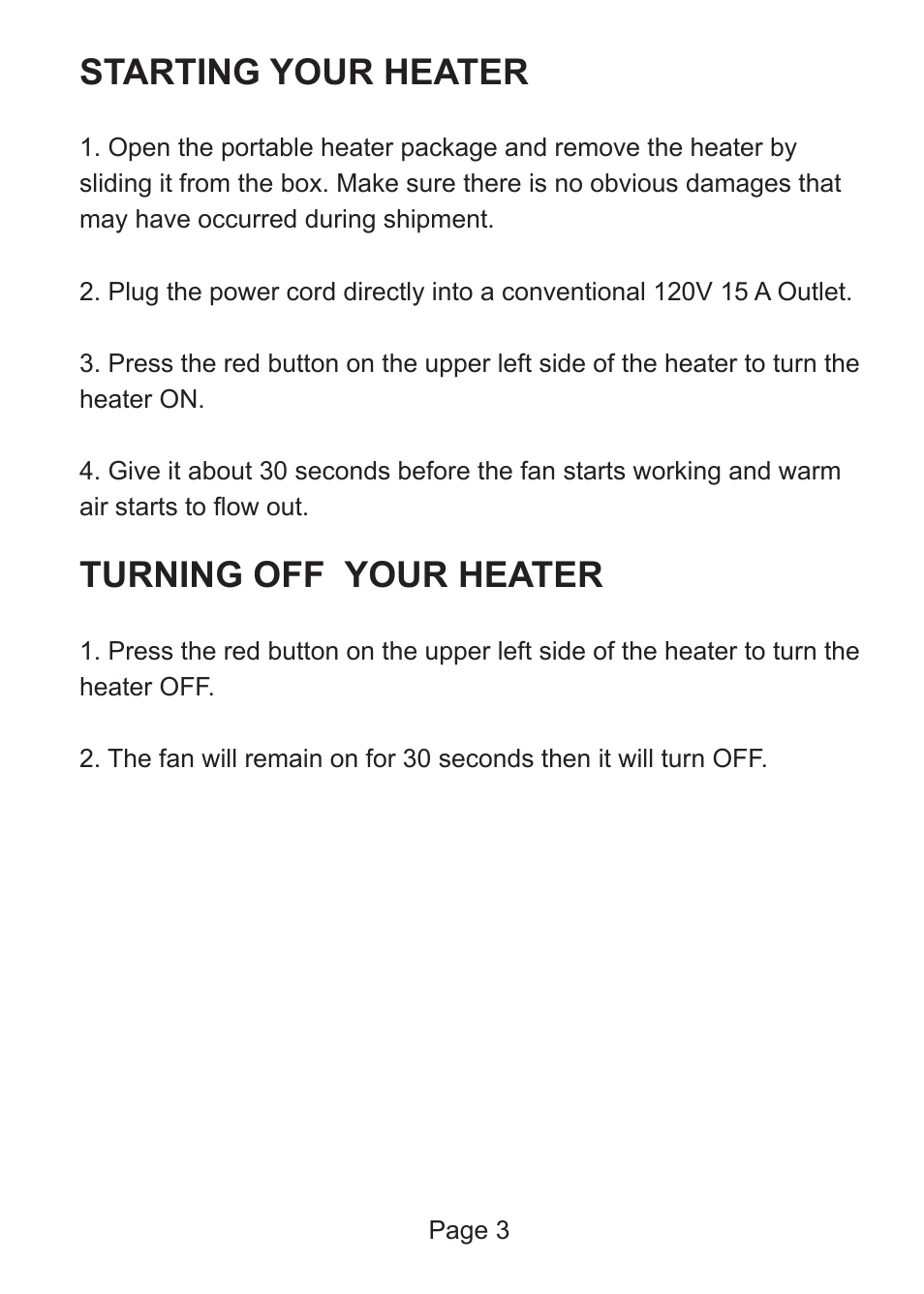 Starting your heater, Turning off your heater | Steele Products SP-HI1200BP User Manual | Page 4 / 5