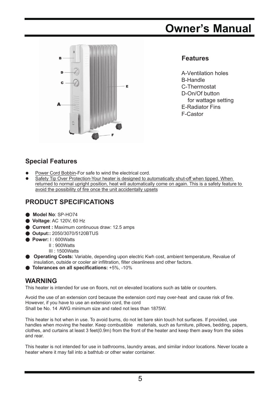 Owner’s manual, Special features, Product specifications | Warning, Features | Steele Products SP-HO74 User Manual | Page 5 / 5