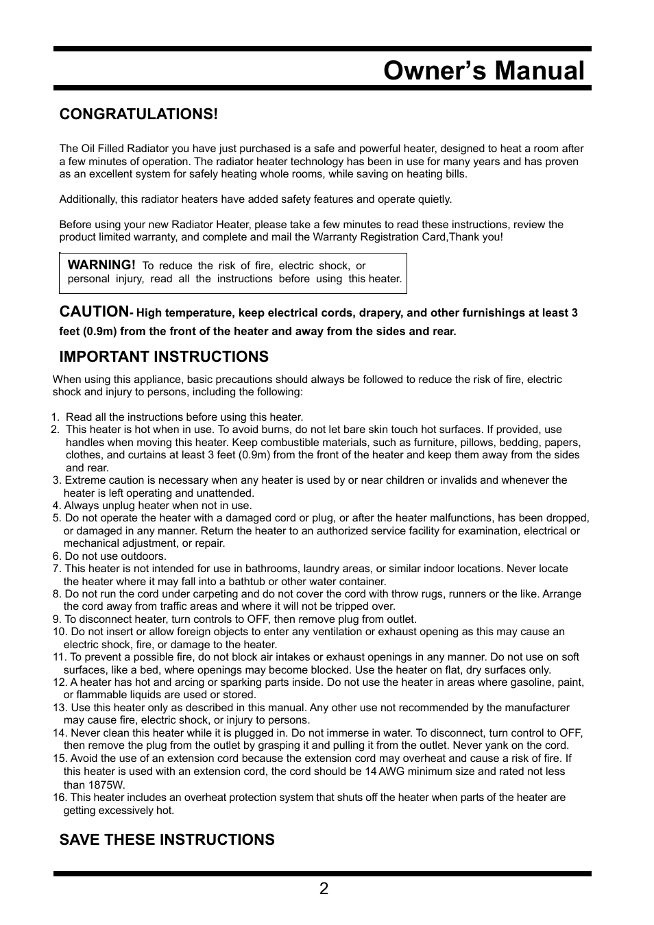Owner’s manual, Caution, Important instructions | Save these instructions | Steele Products SP-HO75 User Manual | Page 2 / 5