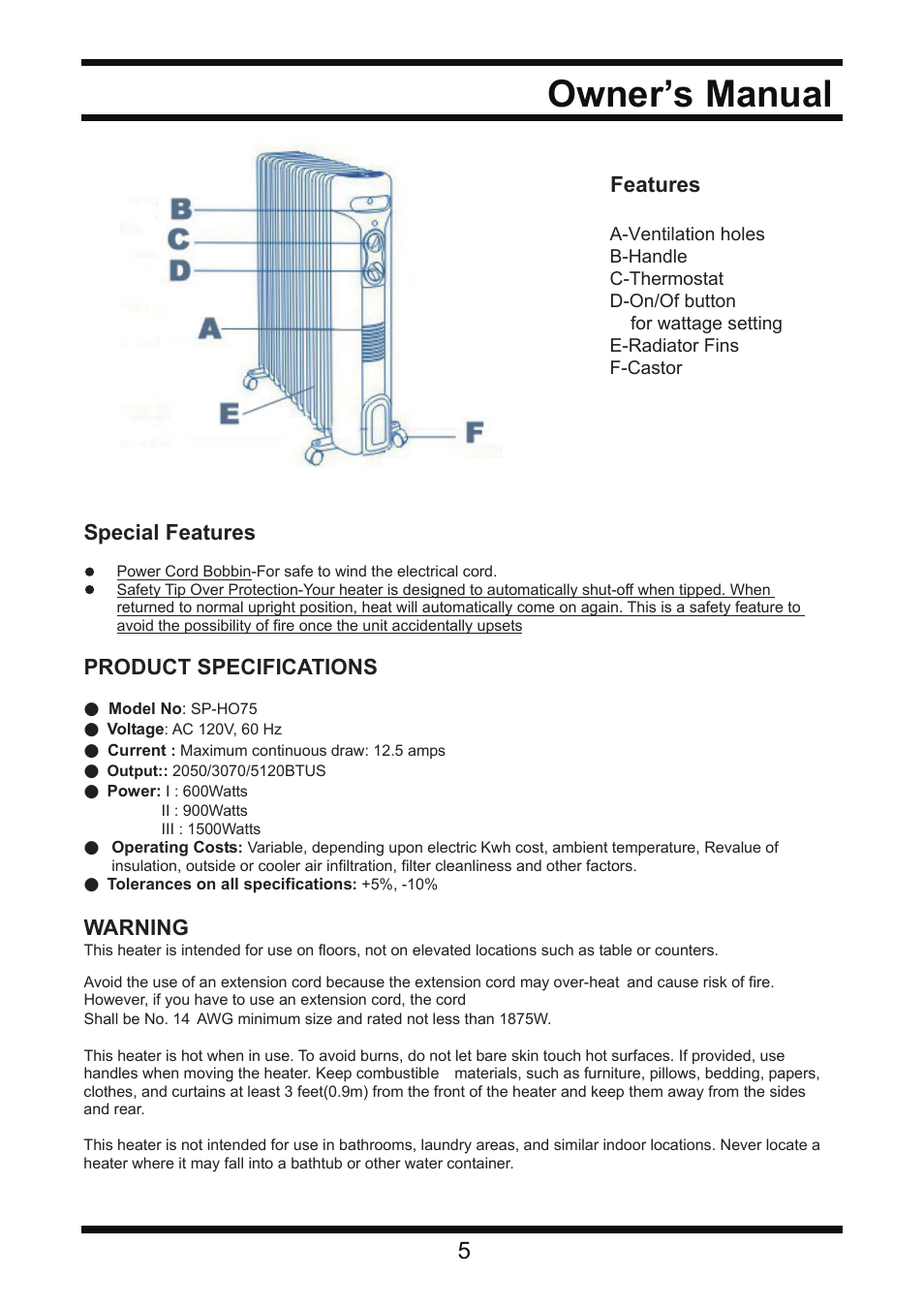 Owner’s manual, Special features, Product specifications | Warning, Features | Steele Products SP-HO75 User Manual | Page 5 / 5