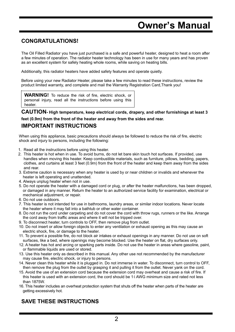 Owner’s manual, Caution, Important instructions | Save these instructions | Steele Products SP-HO76 User Manual | Page 2 / 7