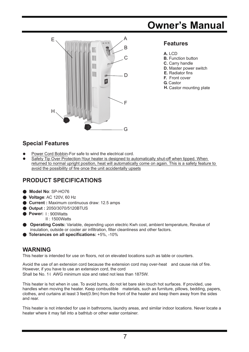 Owner’s manual, Special features, Product specifications | Warning, Features | Steele Products SP-HO76 User Manual | Page 7 / 7