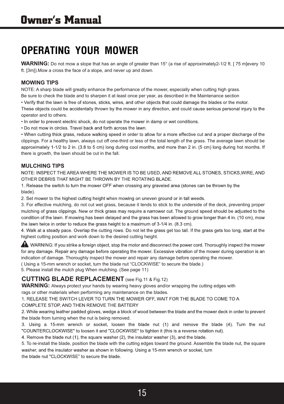 Sp-pm207ac_manual 16, Operating your mower, Cutting blade replacement | Steele Products SP-PM207AC User Manual | Page 16 / 23