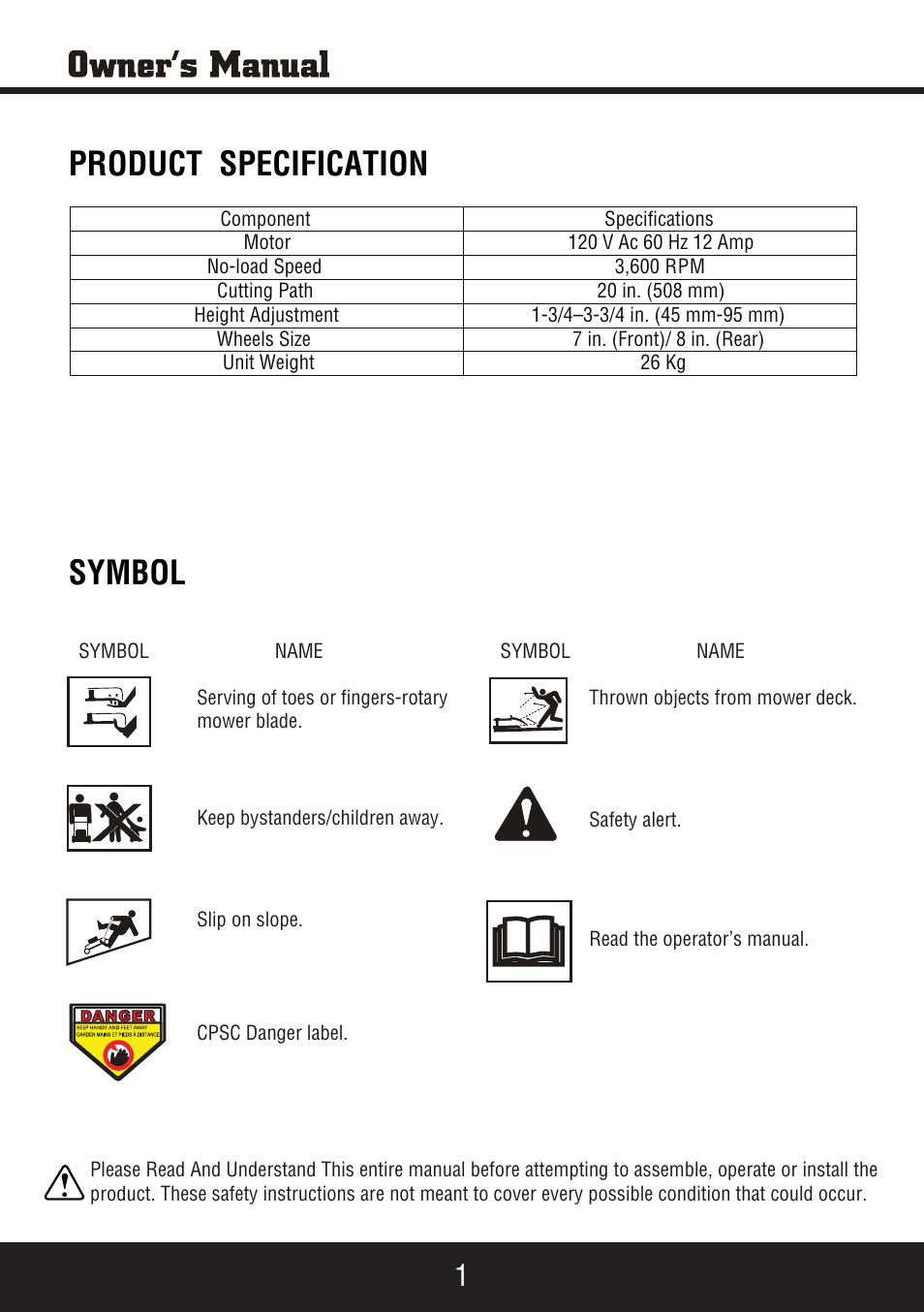 Sp-pm207ac_manual 2, Symbol, Product specification | Steele Products SP-PM207AC User Manual | Page 2 / 23