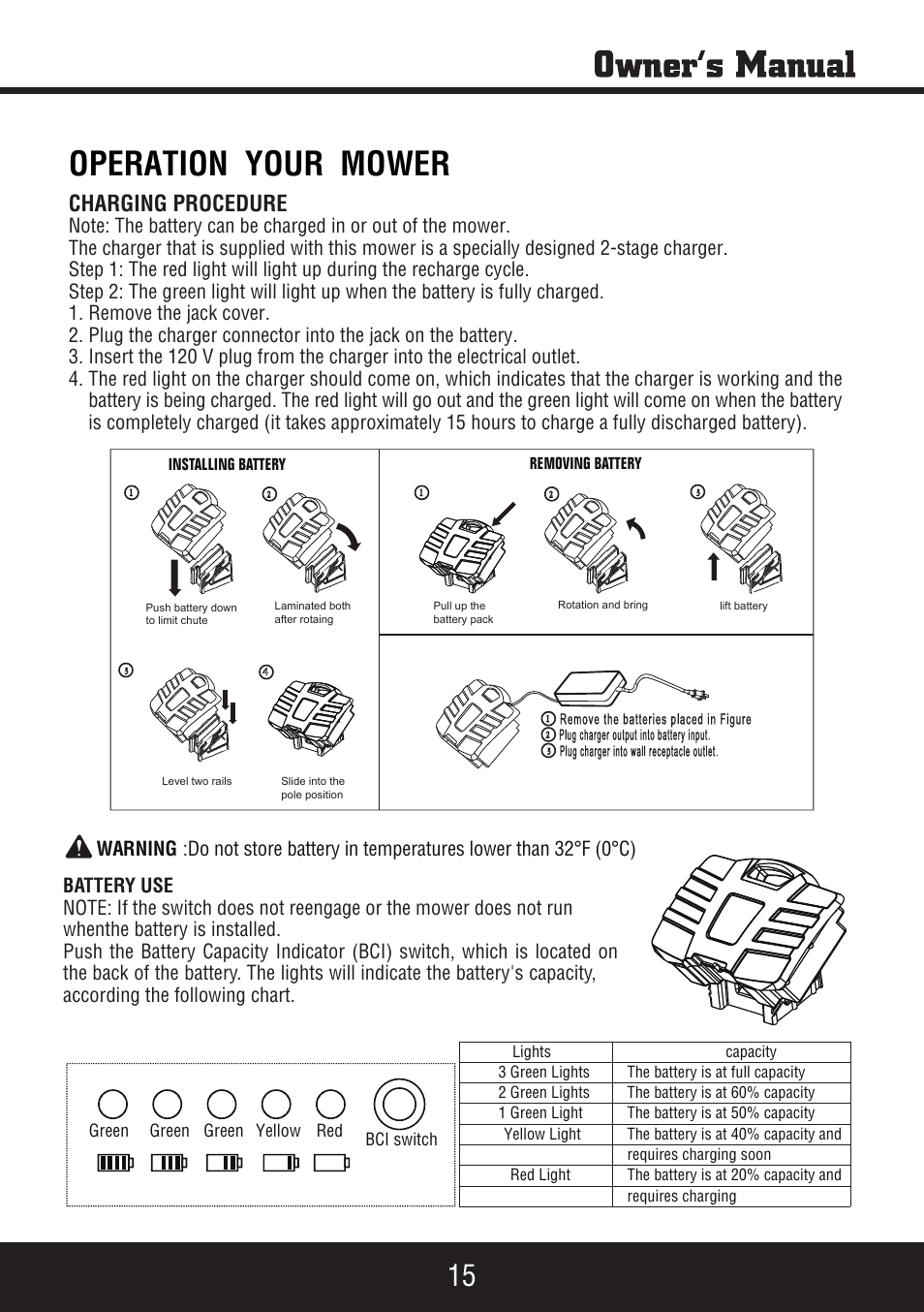 Sp-pm207dc manual 15, Operation your mower, Charging procedure | Steele Products SP-PM207DC User Manual | Page 15 / 23
