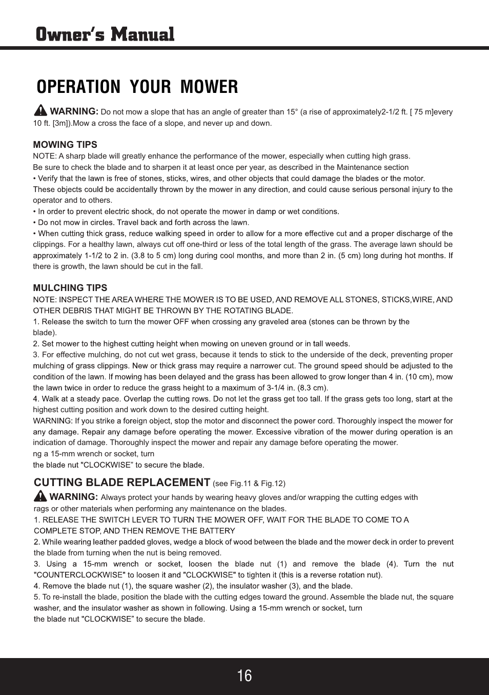 Sp-pm207dc manual 16, Operation your mower, Cutting blade replacement | Steele Products SP-PM207DC User Manual | Page 16 / 23