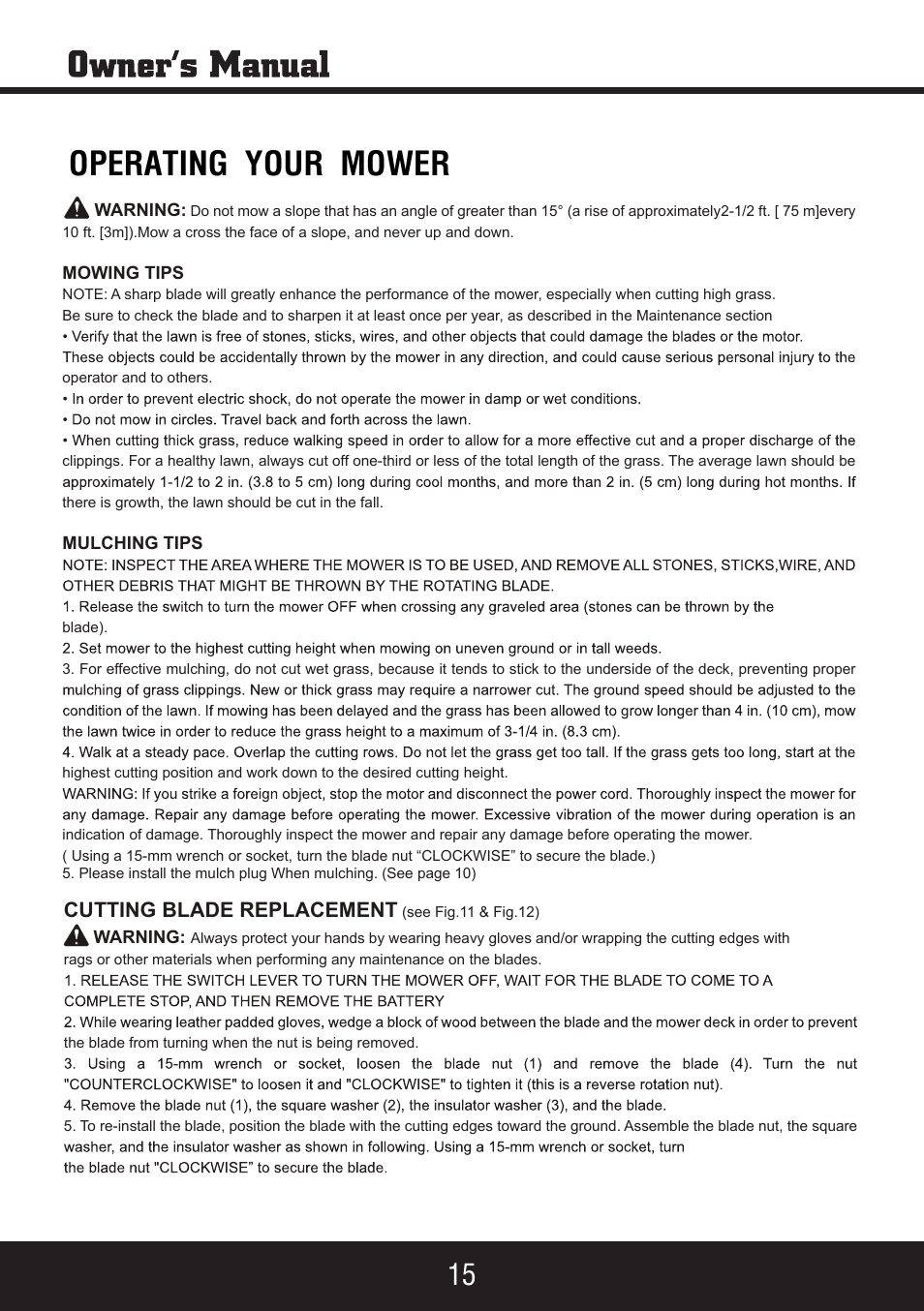 Sp-pm207sdc_manual 16, Operating your mower, Cutting blade replacement | Steele Products SP-PM207SDC User Manual | Page 16 / 23