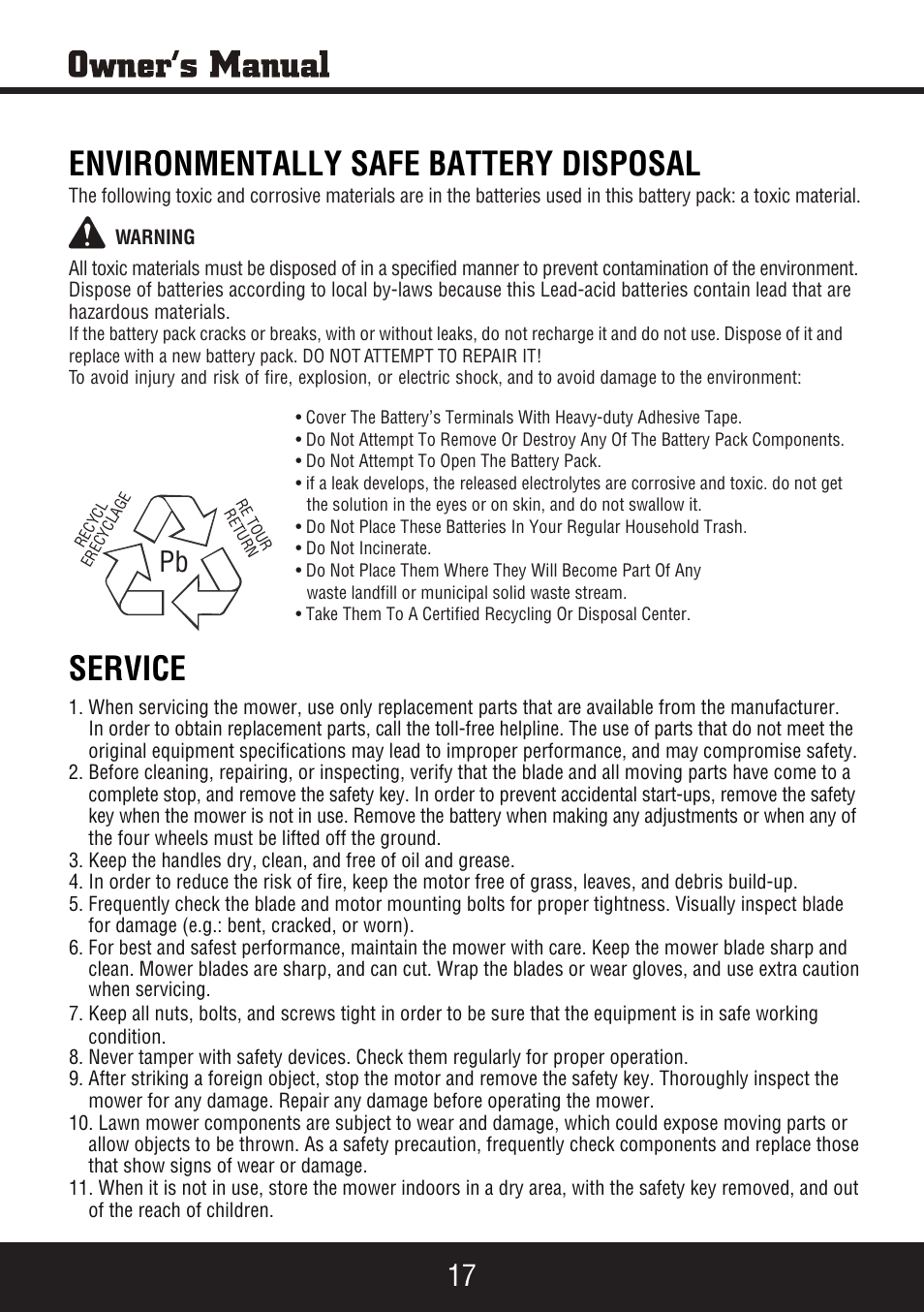 Sp-pm207sdc_manual 18, Service, Environmentally safe battery disposal | Steele Products SP-PM207SDC User Manual | Page 18 / 23