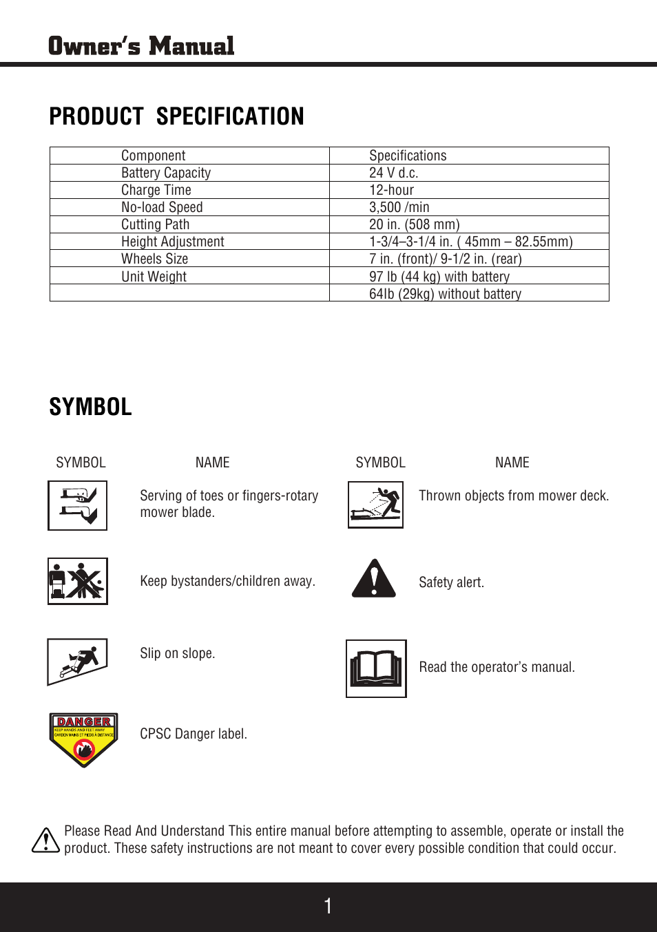Sp-pm207sdc_manual 2, Symbol, Product specification | Steele Products SP-PM207SDC User Manual | Page 2 / 23