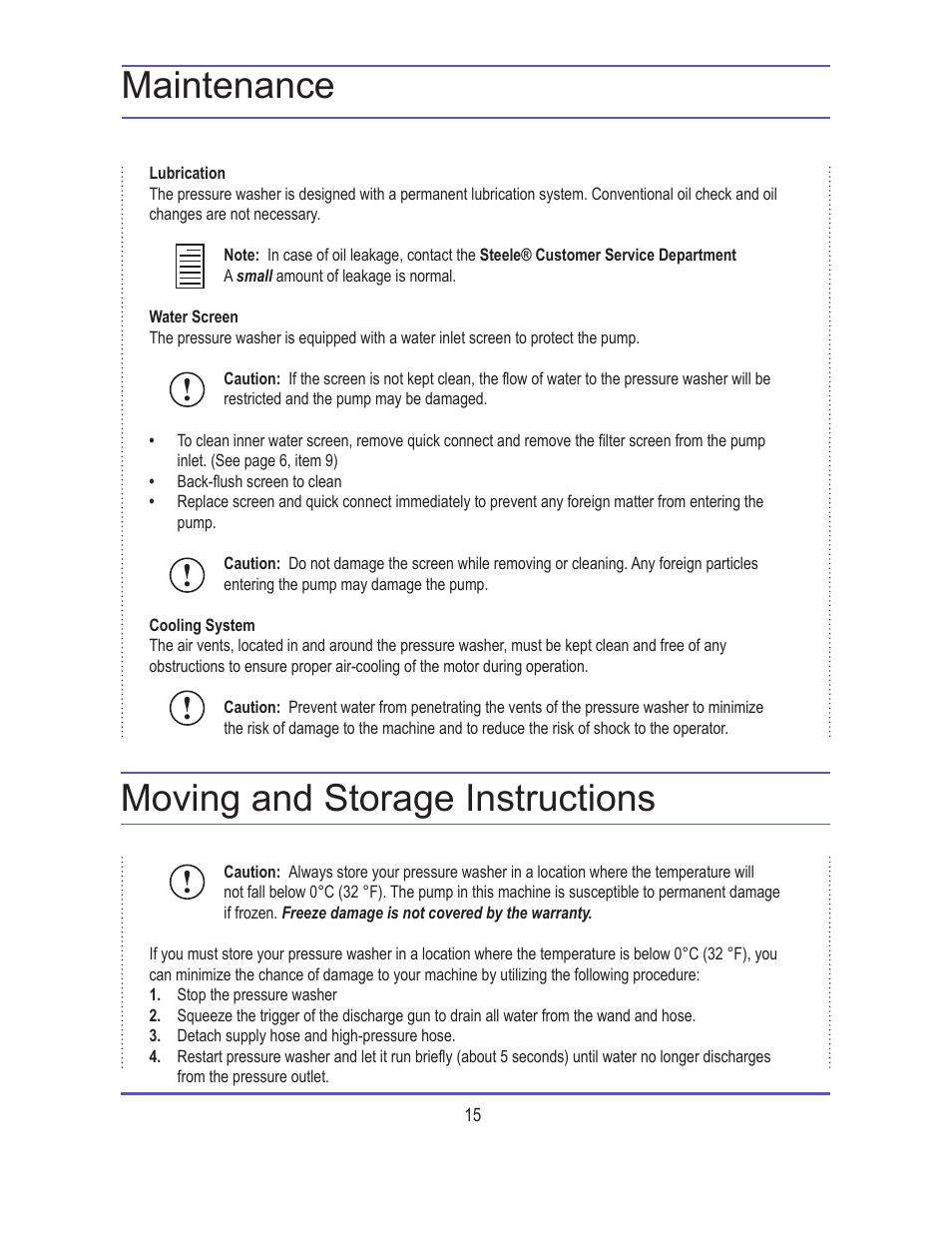 Maintenance, Moving and storage instructions | Steele Products SP-WE180 User Manual | Page 15 / 18