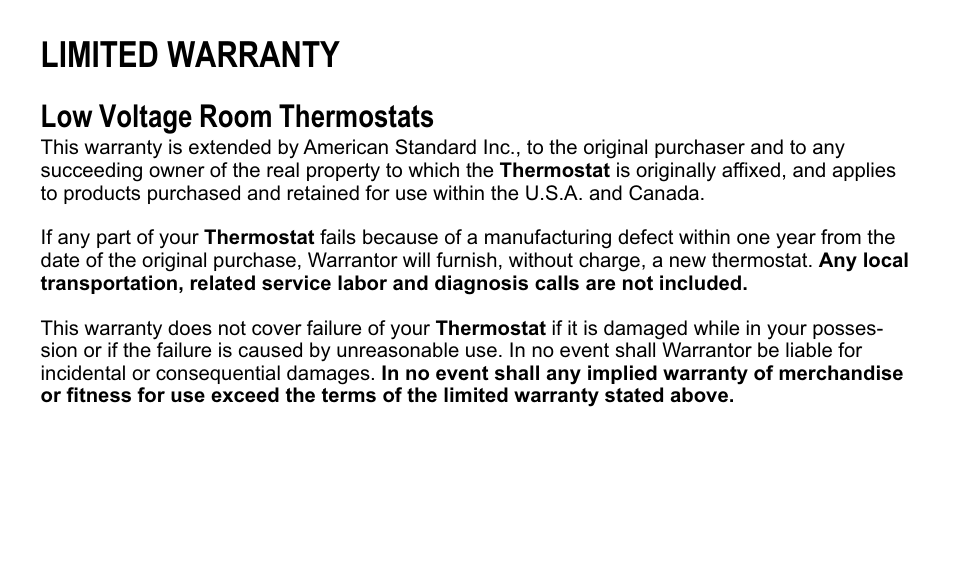 Limited warranty, Low voltage room thermostats | American Standard asystat 570 User Manual | Page 8 / 12