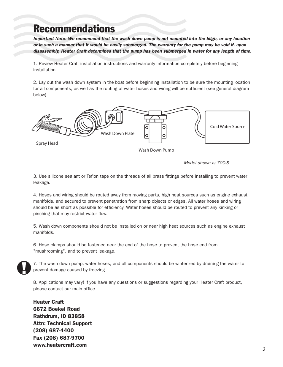 Recommendations | Heater Craft 700S Series Wash Down User Manual | Page 4 / 8