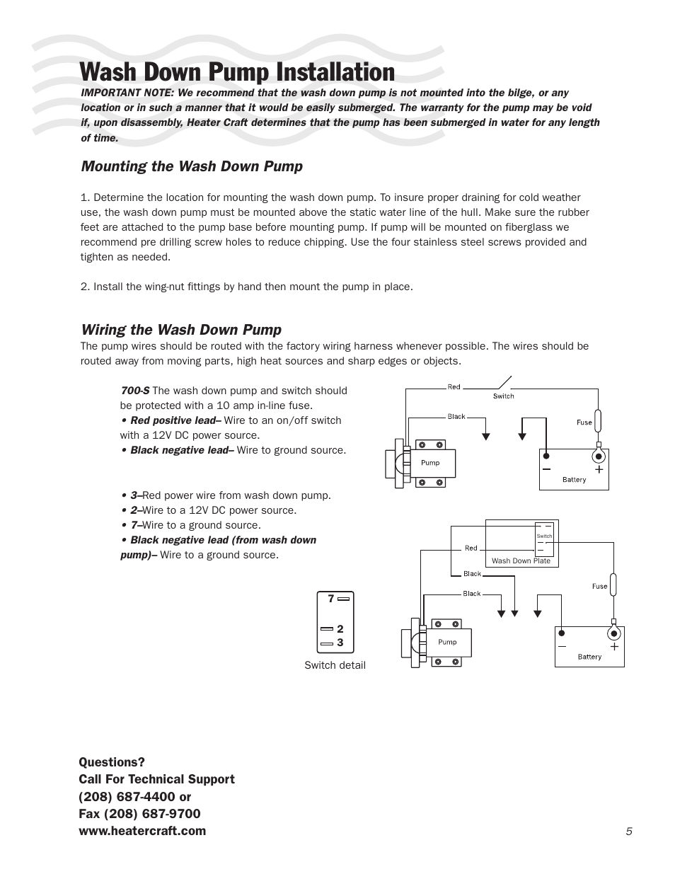 Wash down pump installation, Mounting the wash down pump, Wiring the wash down pump | Heater Craft 700S Series Wash Down User Manual | Page 6 / 8