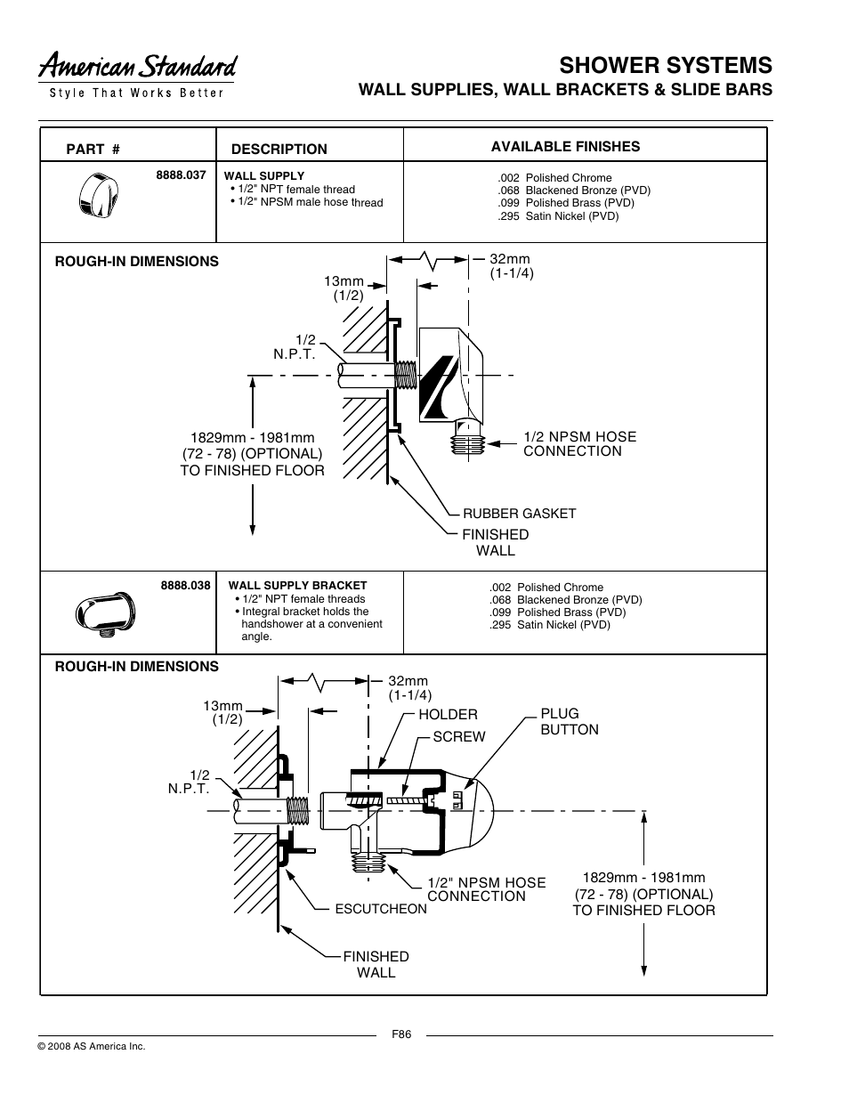 Shower systems, Wall supplies, wall brackets & slide bars | American Standard Shower Systems 8888.053 User Manual | Page 2 / 2