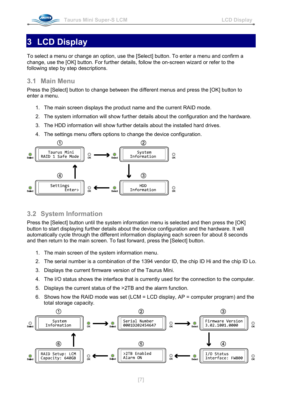 3 lcd display, 1 main menu, 2 system information | Lcd display, Main menu, System information | AKiTiO Taurus Mini Super-S LCM User Manual | Page 9 / 16