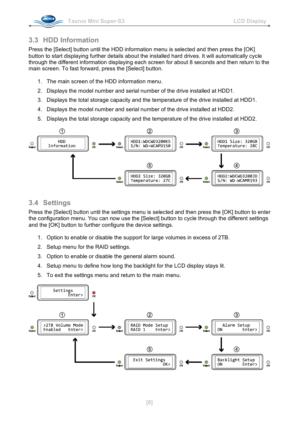 3 hdd information, 4 settings, Hdd information | Settings | AKiTiO Taurus Mini Super-S3 LCM User Manual | Page 10 / 16