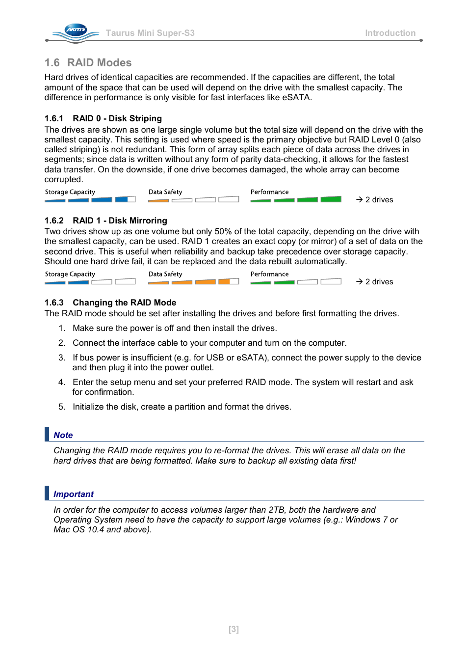 6 raid modes, 1 raid 0 - disk striping, 2 raid 1 - disk mirroring | 3 changing the raid mode, Raid modes | AKiTiO Taurus Mini Super-S3 LCM User Manual | Page 5 / 16