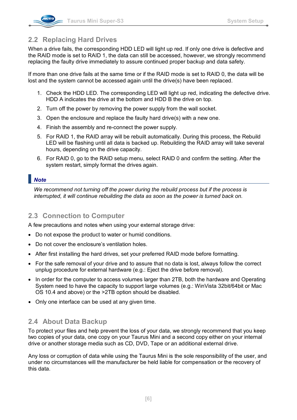 2 replacing hard drives, 3 connection to computer, 4 about data backup | Replacing hard drives, Connection to computer, About data backup | AKiTiO Taurus Mini Super-S3 LCM User Manual | Page 8 / 16