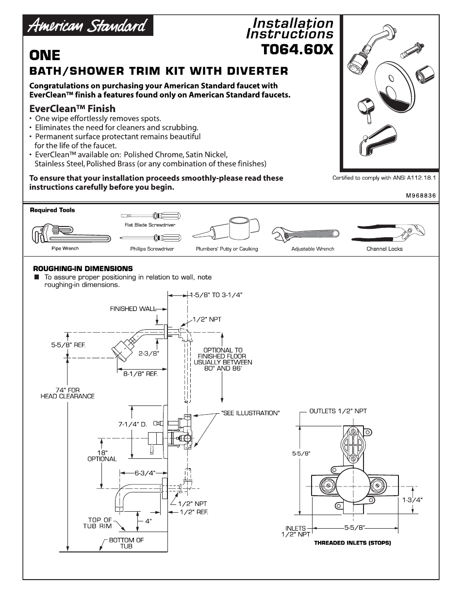 American Standard One T064.60X User Manual | 4 pages