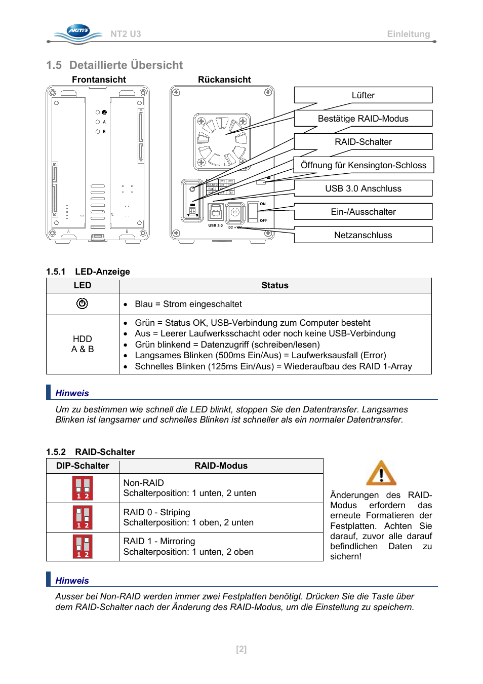 5 detaillierte übersicht, 1 led-anzeige, Raid-schalter | AKiTiO NT2 U3 User Manual | Page 11 / 32