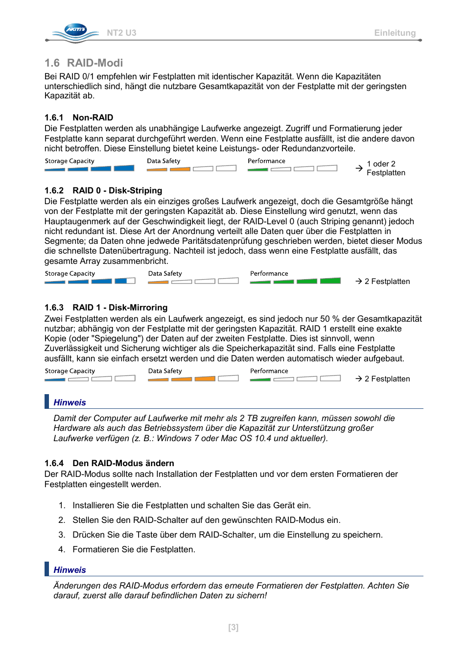 6 raid-modi, 1 non-raid, 2 raid 0 - disk-striping | 3 raid 1 - disk-mirroring, 4 den raid-modus ändern | AKiTiO NT2 U3 User Manual | Page 12 / 32