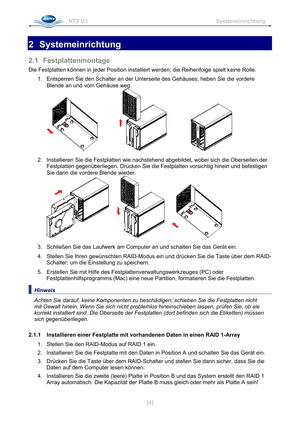 2 systemeinrichtung, 1 festplattenmontage | AKiTiO NT2 U3 User Manual | Page 13 / 32