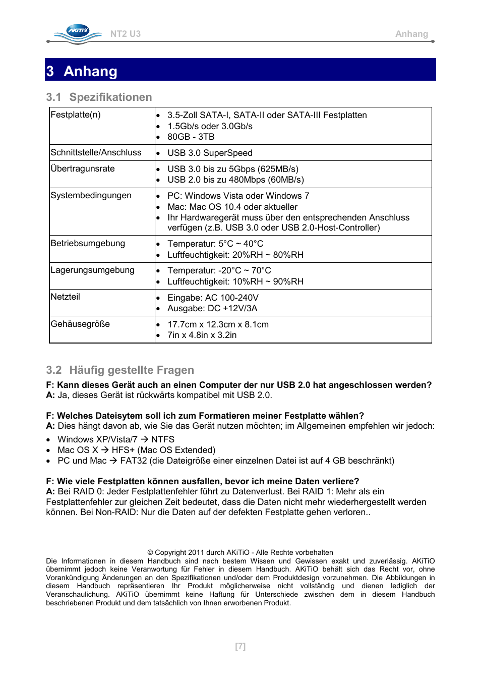 3 anhang, 1 spezifikationen, 2 häufig gestellte fragen | AKiTiO NT2 U3 User Manual | Page 16 / 32