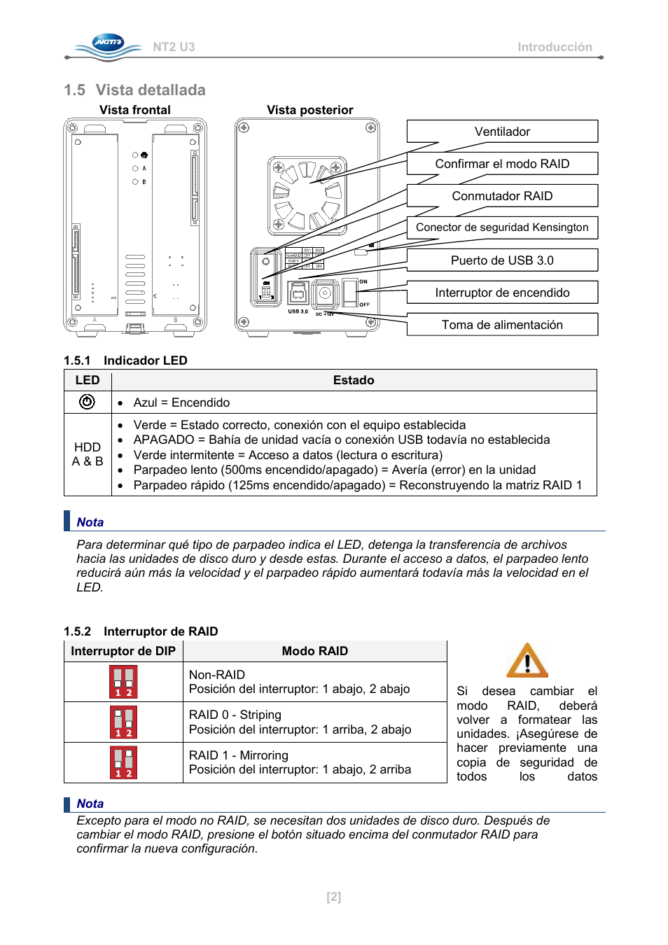 5 vista detallada, 1 indicador led, Interruptor de raid | AKiTiO NT2 U3 User Manual | Page 19 / 32
