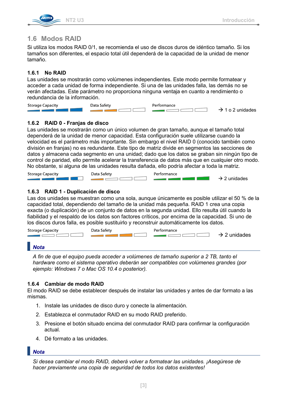 6 modos raid, 1 no raid, 2 raid 0 - franjas de disco | 3 raid 1 - duplicación de disco, 4 cambiar de modo raid | AKiTiO NT2 U3 User Manual | Page 20 / 32