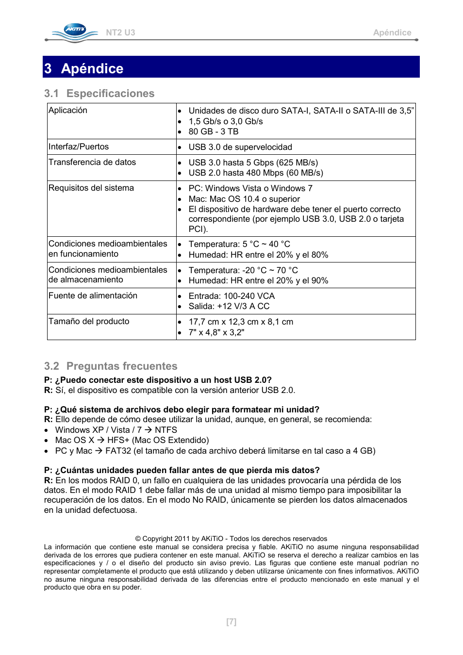 3 apéndice, 1 especificaciones, 2 preguntas frecuentes | AKiTiO NT2 U3 User Manual | Page 24 / 32