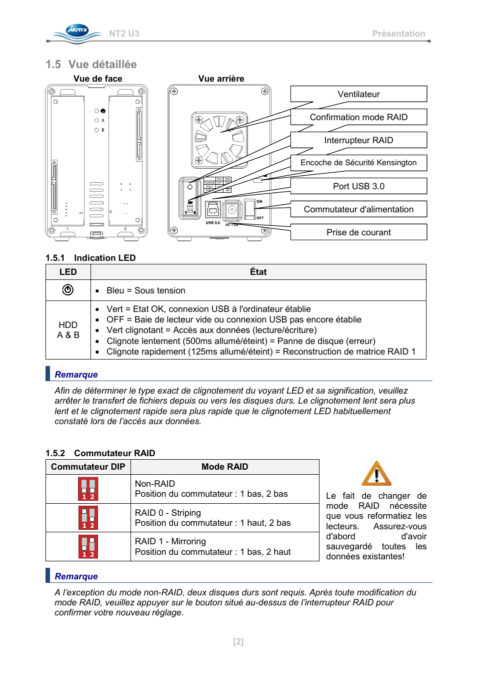 5 vue détaillée, 1 indication led, 2 commutateur raid | AKiTiO NT2 U3 User Manual | Page 27 / 32