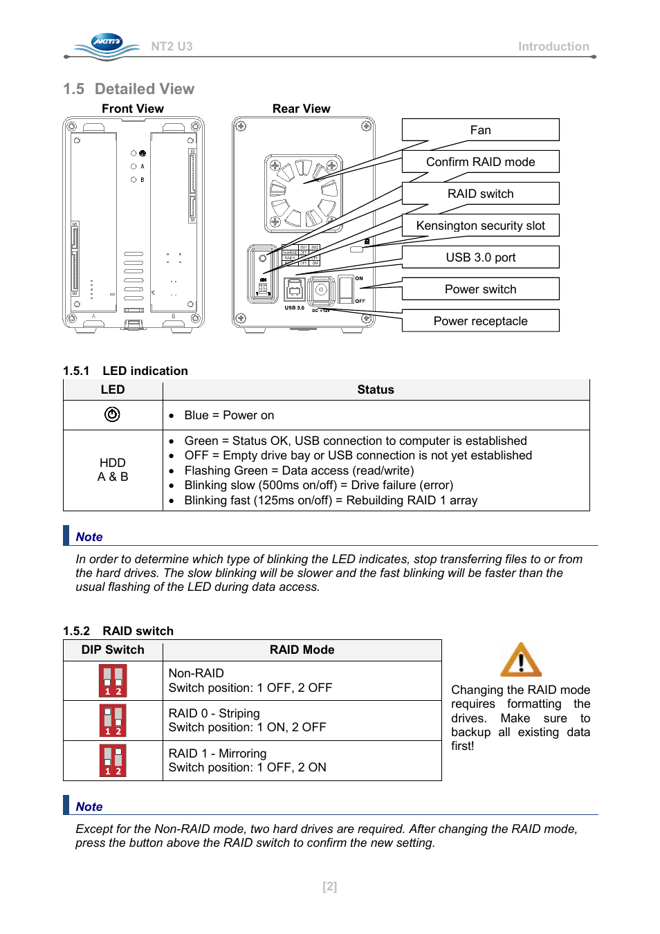 5 detailed view, 1 led indication, Raid switch | AKiTiO NT2 U3 User Manual | Page 3 / 32