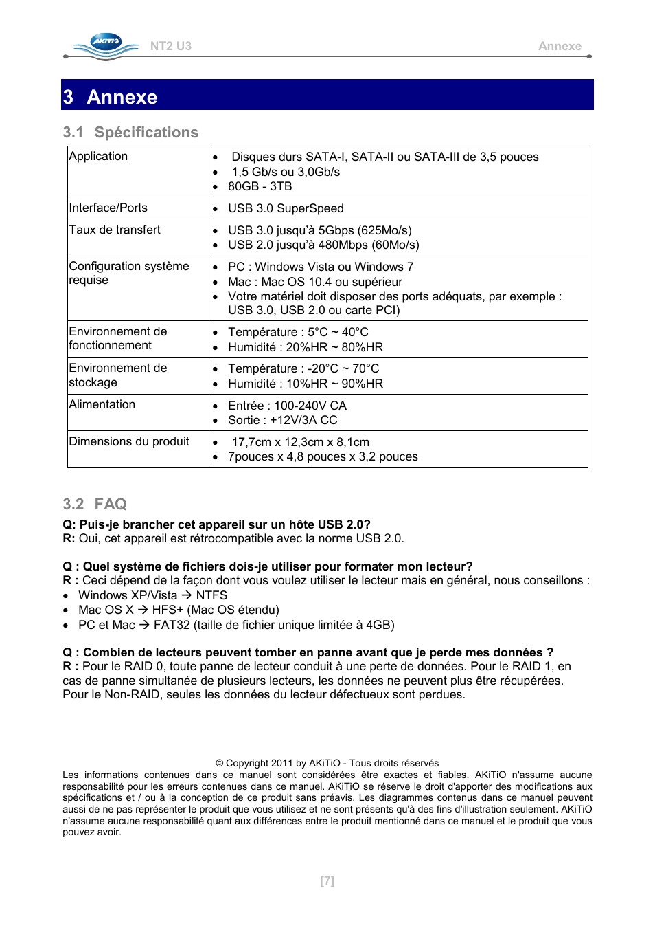 3 annexe, 1 spécifications, 2 faq | AKiTiO NT2 U3 User Manual | Page 32 / 32