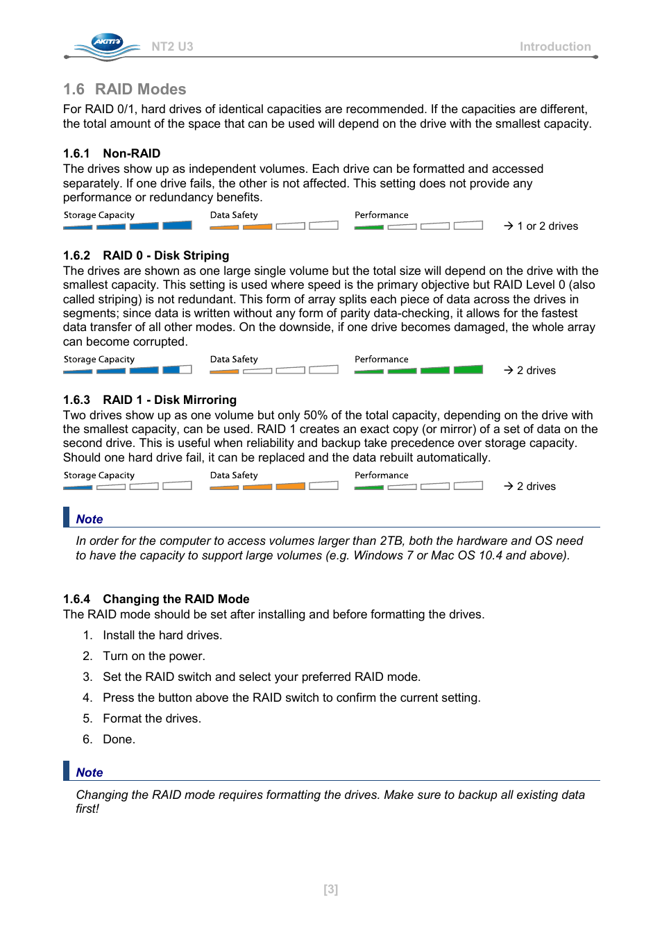 6 raid modes, 1 non-raid, 2 raid 0 - disk striping | 3 raid 1 - disk mirroring, 4 changing the raid mode | AKiTiO NT2 U3 User Manual | Page 4 / 32