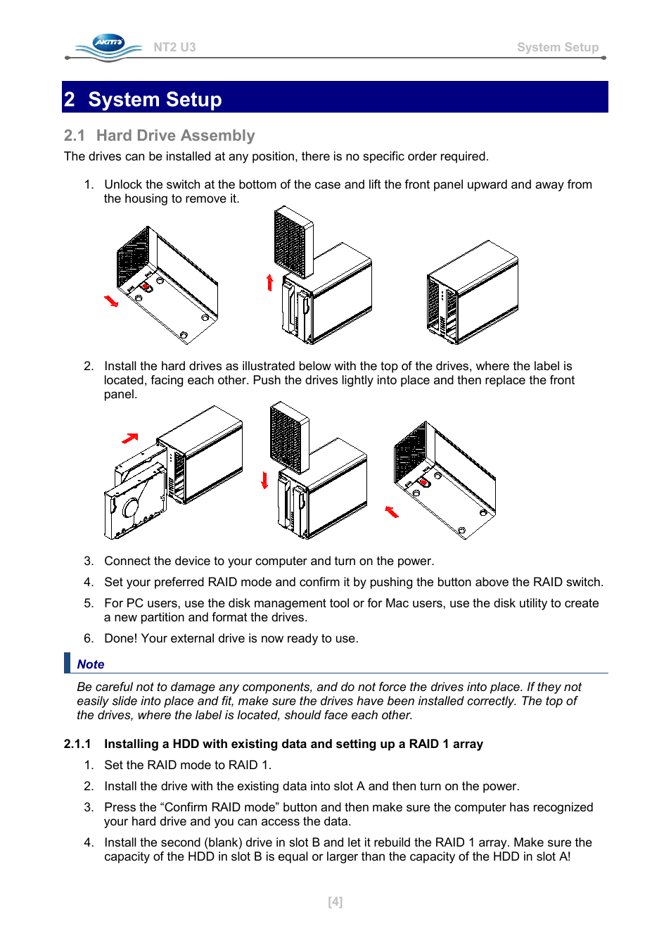 2 system setup, 1 hard drive assembly | AKiTiO NT2 U3 User Manual | Page 5 / 32