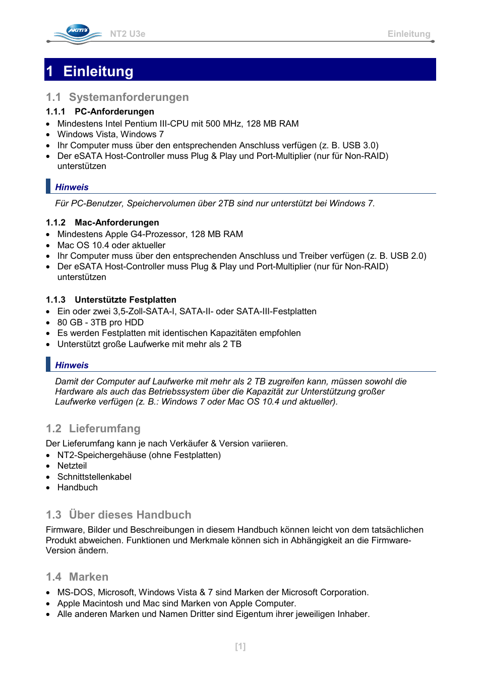 1 einleitung, 1 systemanforderungen, 1 pc-anforderungen | 2 mac-anforderungen, 3 unterstützte festplatten, 2 lieferumfang, 3 über dieses handbuch, 4 marken | AKiTiO NT2 U3e User Manual | Page 10 / 32
