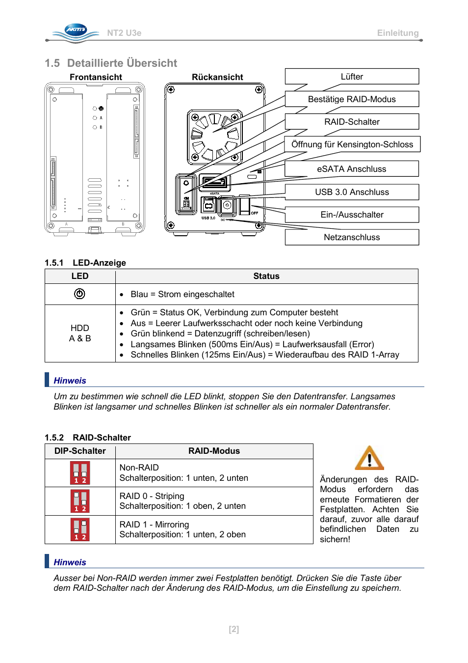 5 detaillierte übersicht, 1 led-anzeige, 2 raid-schalter | AKiTiO NT2 U3e User Manual | Page 11 / 32