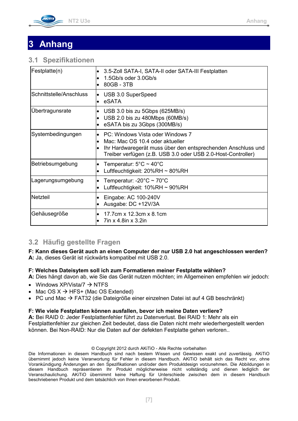 3 anhang, 1 spezifikationen, 2 häufig gestellte fragen | AKiTiO NT2 U3e User Manual | Page 16 / 32