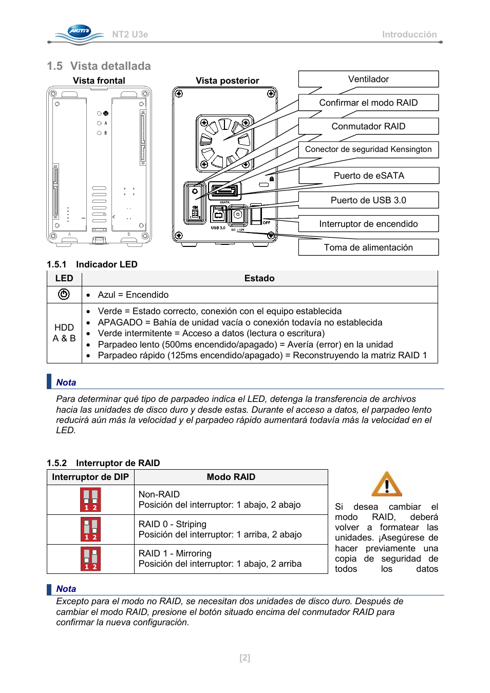 5 vista detallada, 1 indicador led, 2 interruptor de raid | AKiTiO NT2 U3e User Manual | Page 19 / 32