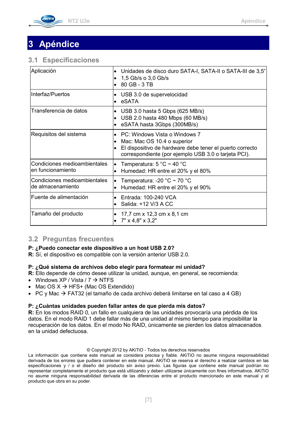 3 apéndice, 1 especificaciones, 2 preguntas frecuentes | AKiTiO NT2 U3e User Manual | Page 24 / 32