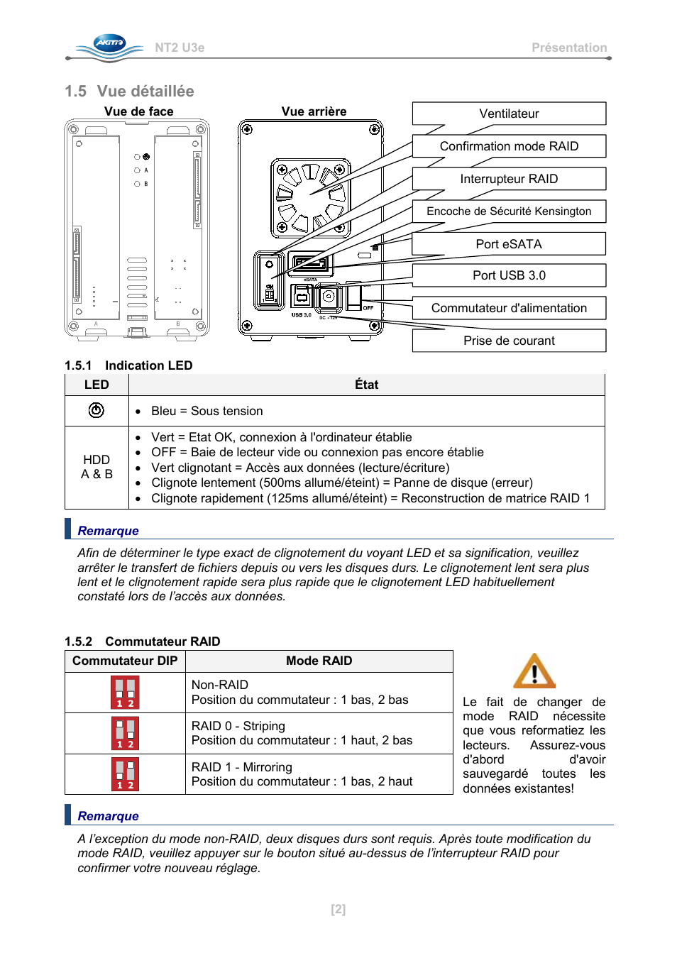 5 vue détaillée, 1 indication led, 2 commutateur raid | AKiTiO NT2 U3e User Manual | Page 27 / 32