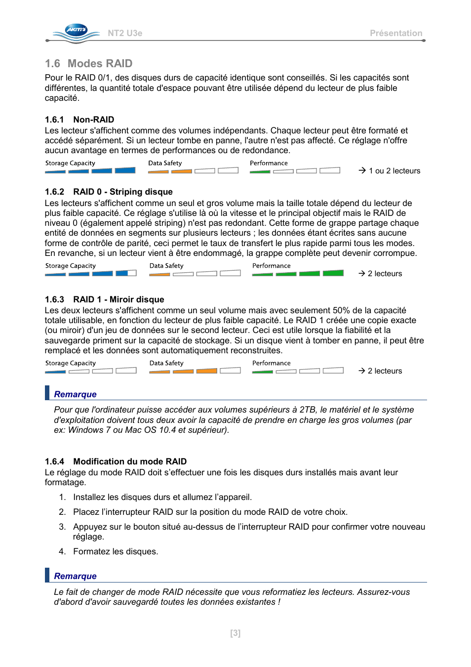 6 modes raid, 1 non-raid, 2 raid 0 - striping disque | 3 raid 1 - miroir disque, 4 modification du mode raid | AKiTiO NT2 U3e User Manual | Page 28 / 32