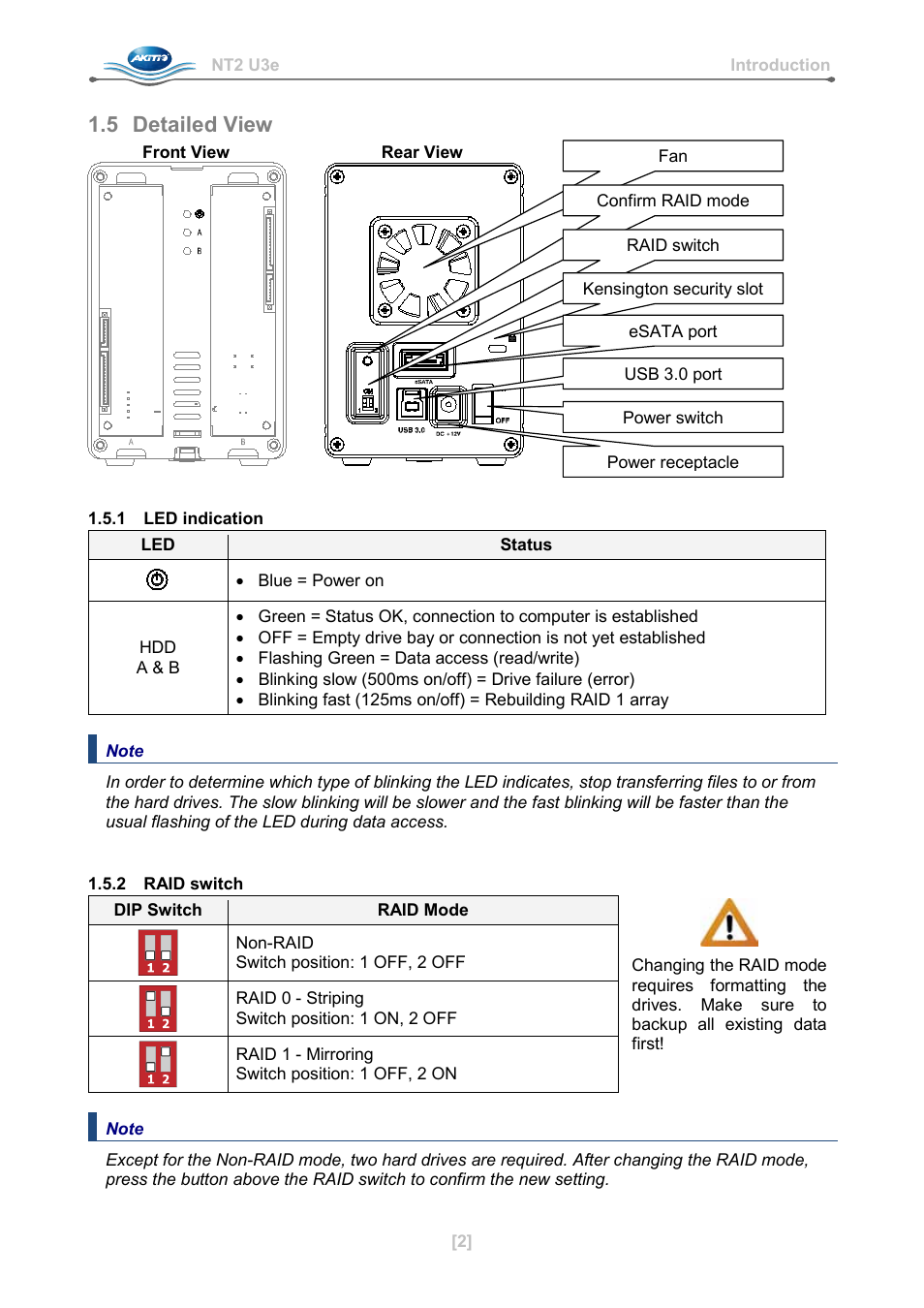 5 detailed view, 1 led indication, 2 raid switch | AKiTiO NT2 U3e User Manual | Page 3 / 32