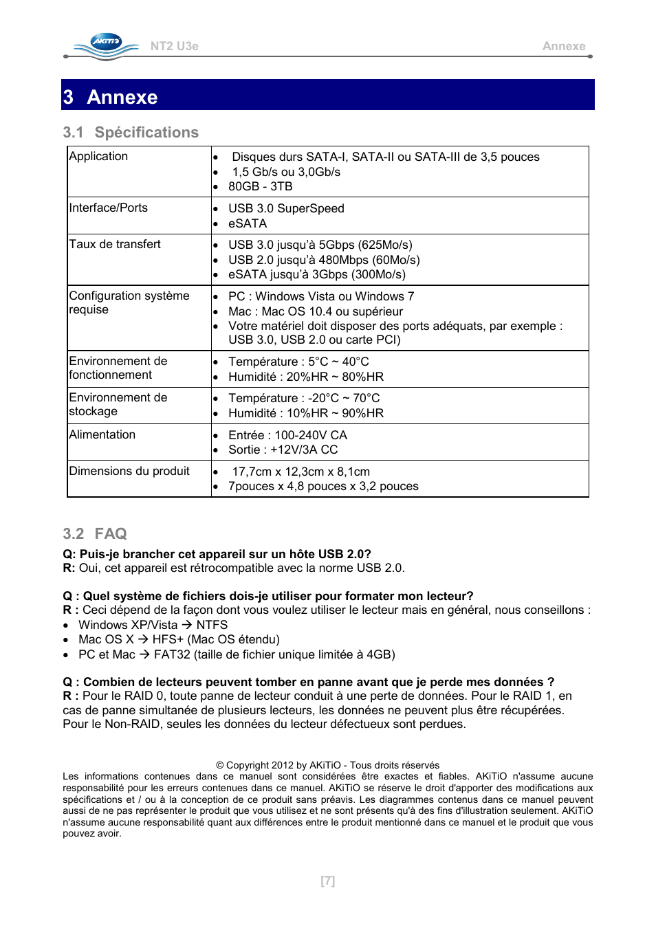 3 annexe, 1 spécifications, 2 faq | AKiTiO NT2 U3e User Manual | Page 32 / 32